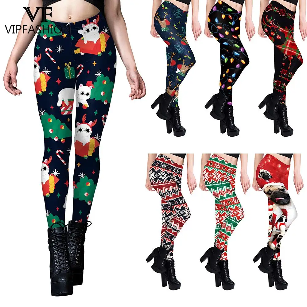 

VIP FASHION Christmas Woman Leggings Ugly Pattern Pants Elastic Sexy Tights Xmas Dog Elk Trousers Holiday Party Gifts Streetwear