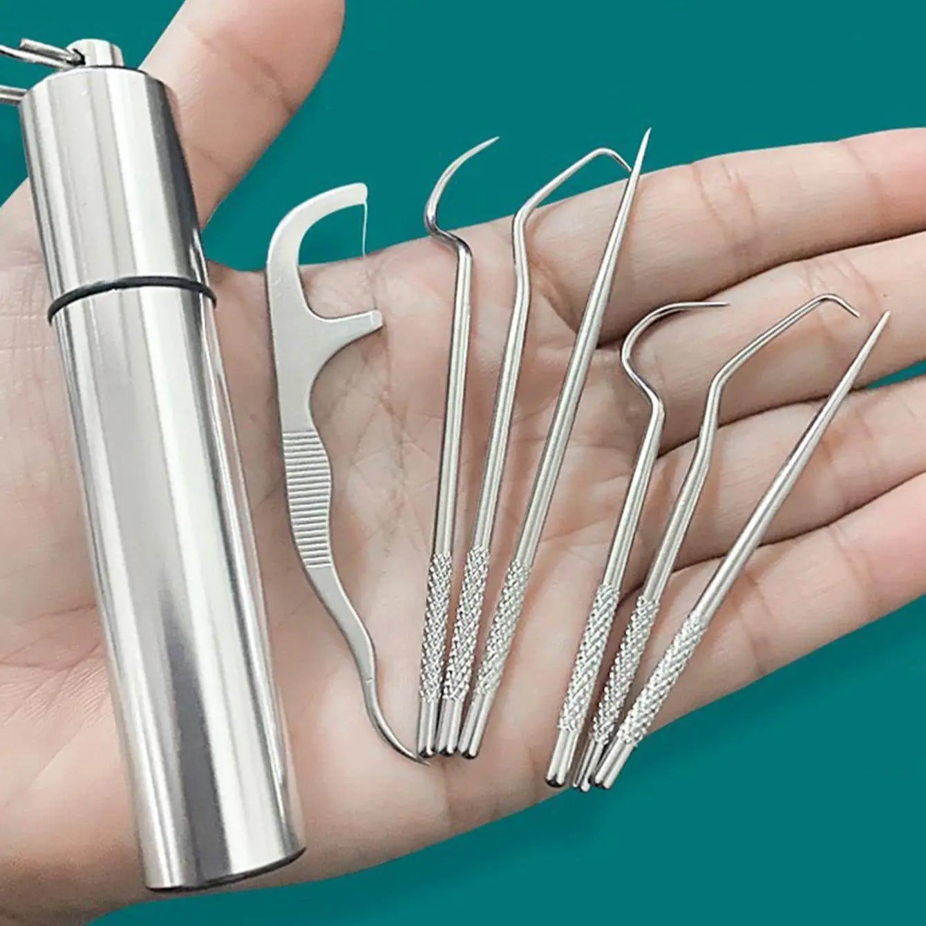 7pcs/set-Stainless Steel Toothpick Set Tooth Flossing Reusable Toothpicks Portable Toothpick Floss Teeth Cleaner Oral Cleaning