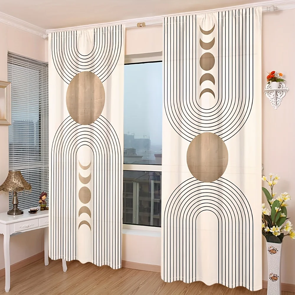2 Panels Geometric Moon Phase Print Curtains, Abstract Line Art Polyester Drapes for Living Room Bedroom, Boho Modern Window