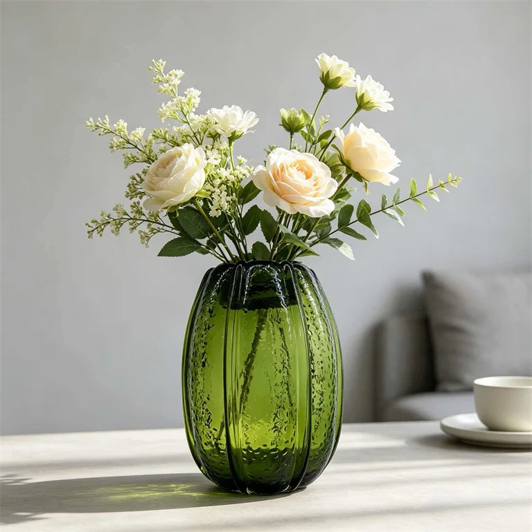 Ribbed Green Glass Vases Modern Home Decor for Living Room Dining Table Bedroom Flower Arrangement Centerpiece