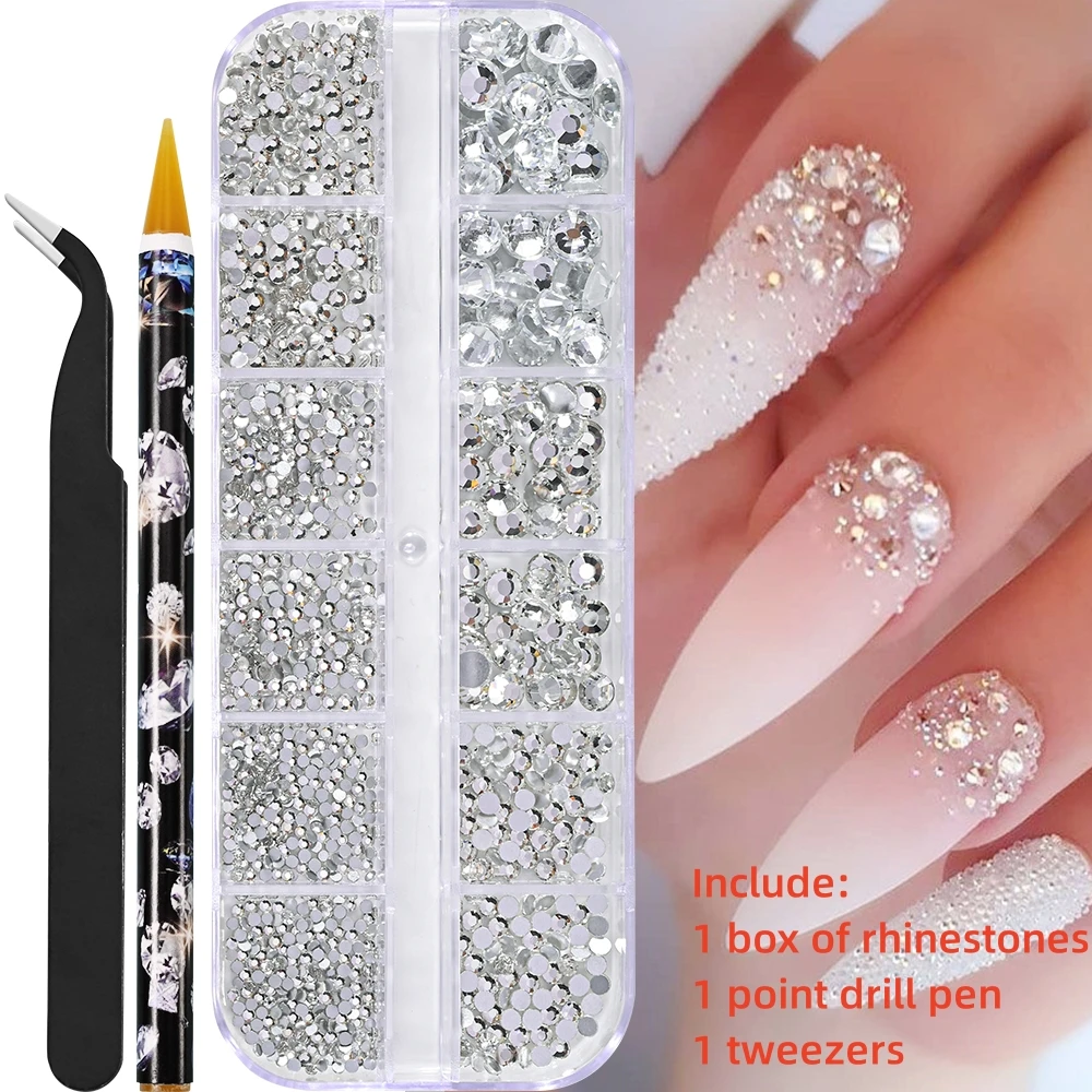 12Gird 3D Glas AB Kristall Nail Art Strass Kit Flatback Runde Perle Charm Edelsteine Schmuck Diamant mit Werkzeugen für Nail Art