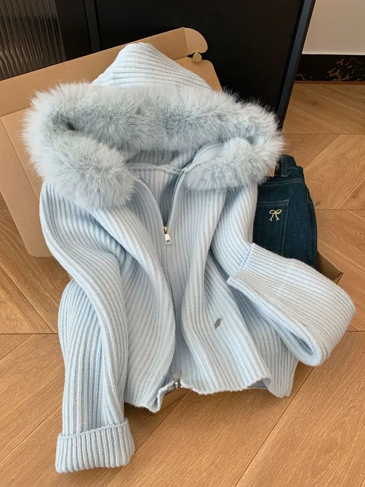 Blue Large Fur Collar Hooded Knitted Cardigan Warm Sweater Cardigan Jacket Women's Lazy Top Autumn Winter Zipper Tops Trendy Top