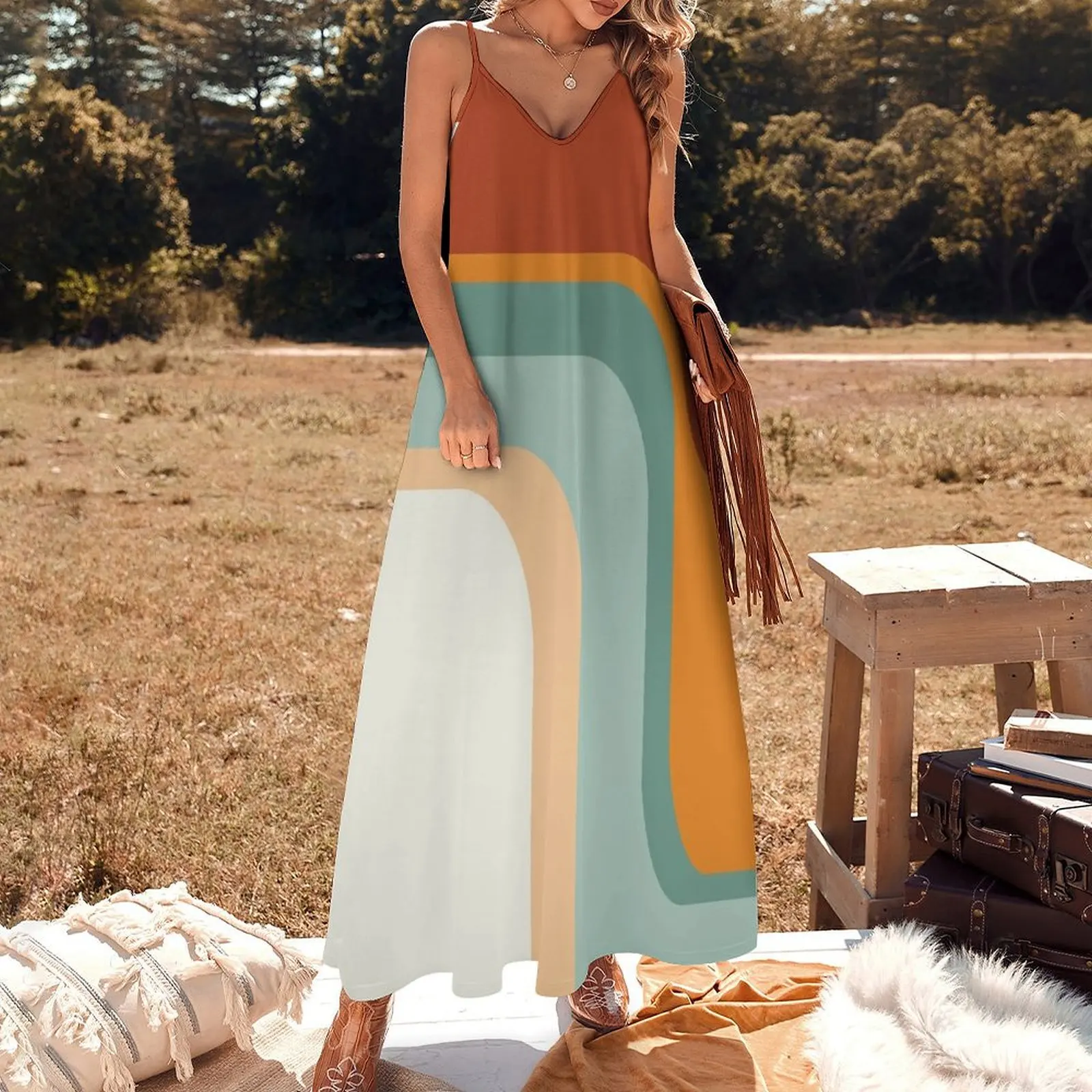 Mid-Century Modern Rainbow Rust Orange Sage Mint Boho Sleeveless Dress women's summer jumpsuit bandage dress prom dresses 2025