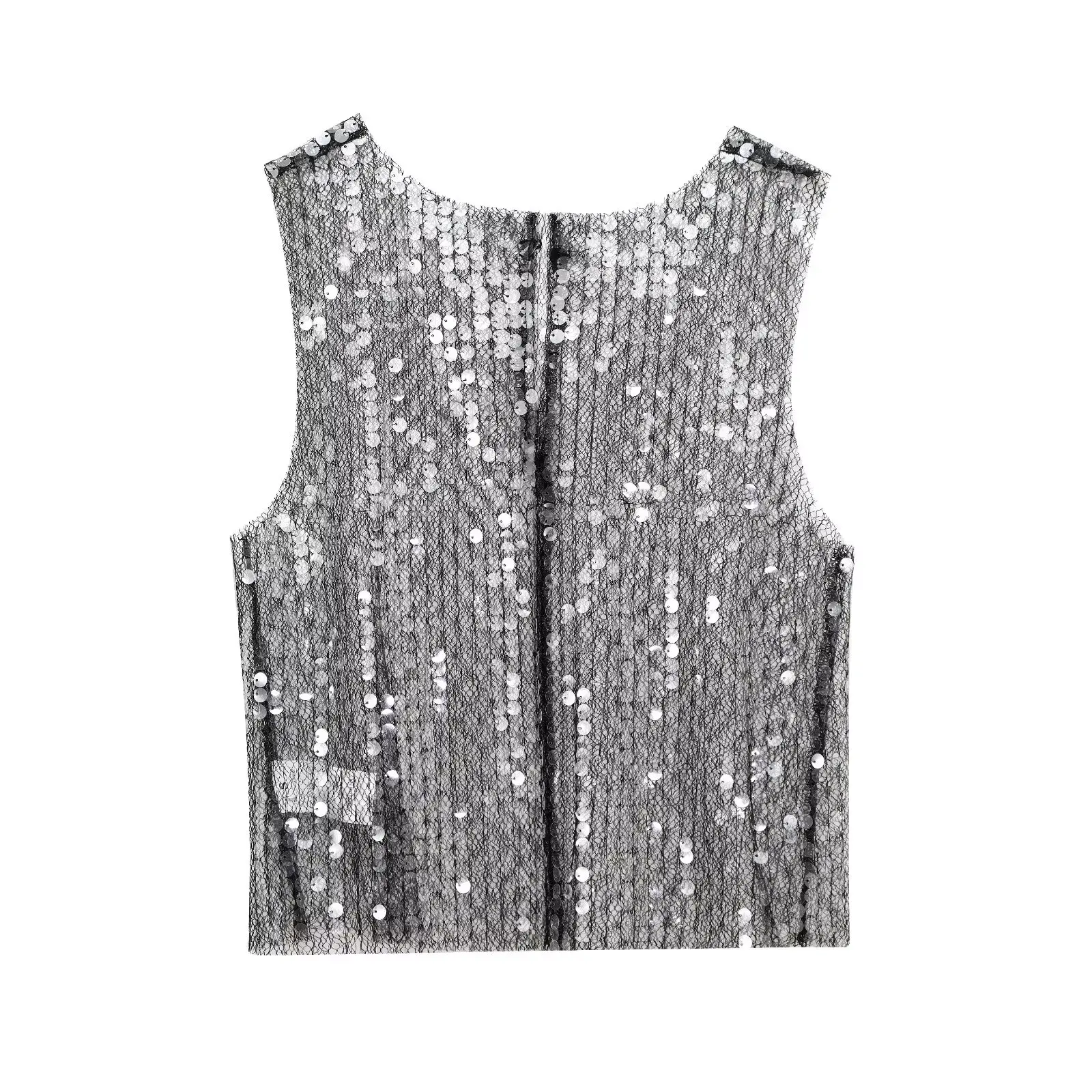 

ZBZR Spring New Women's Faion Semi-Transparent Design round Ne Svel Sequin Straight Vest Top Versatile Zipper Closure