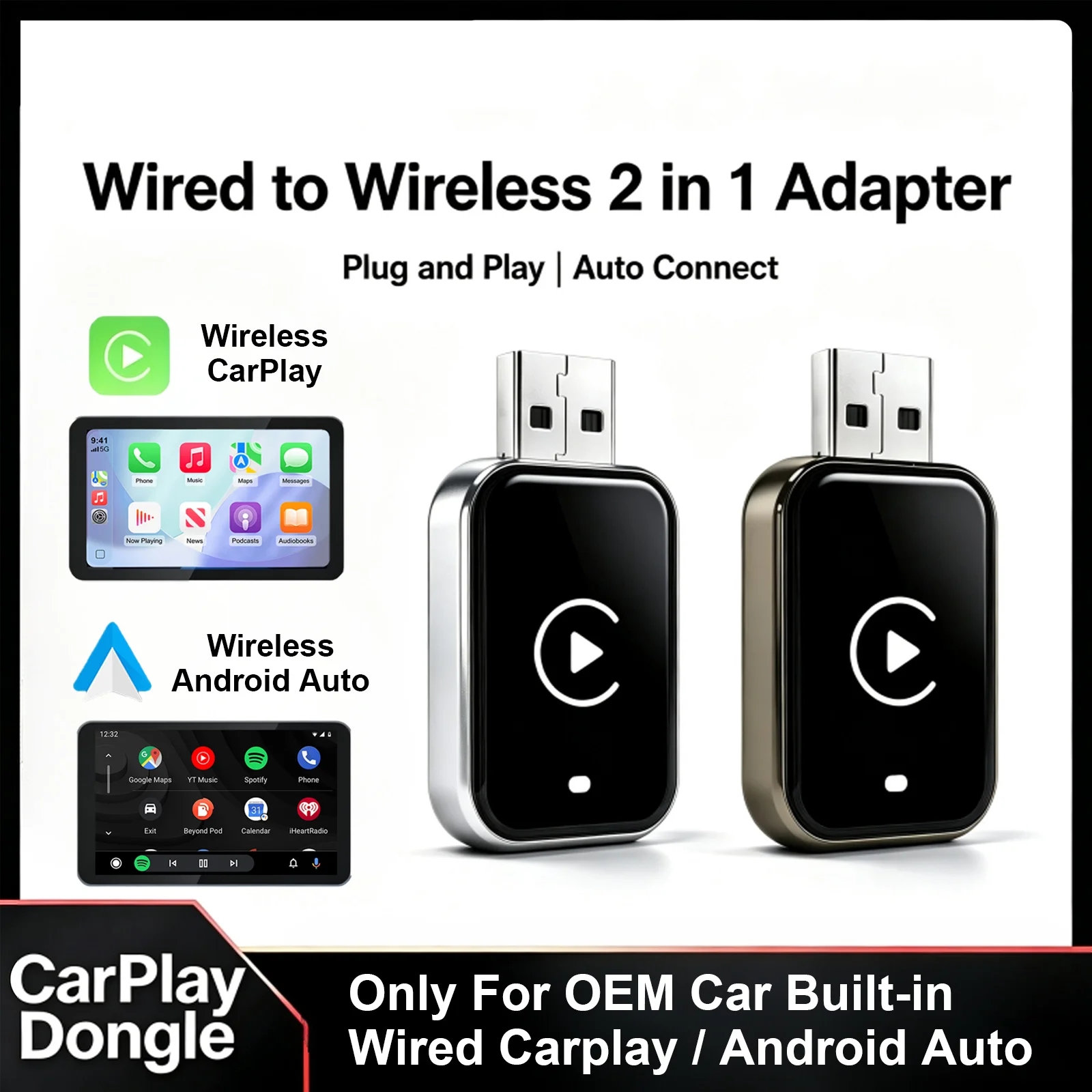 EzoneTronics Wireless CarPlay Android Auto Adapter for Factory Wired Car, Wireless CarPlay & Android Auto 2 in 1
