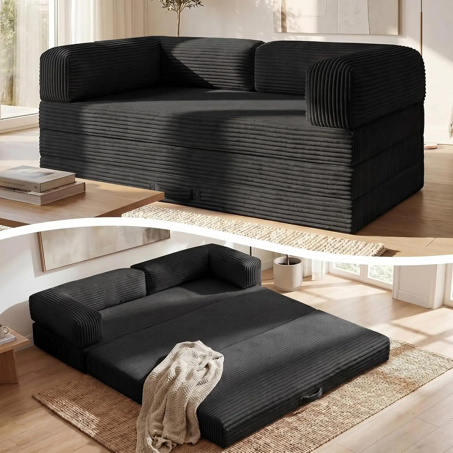 Convertible Sofa Bed, Tri-Folding Mattress Queen Futon Couch Bed, Boneless Sleeper Couch Bed with Removable Armrests & Washable