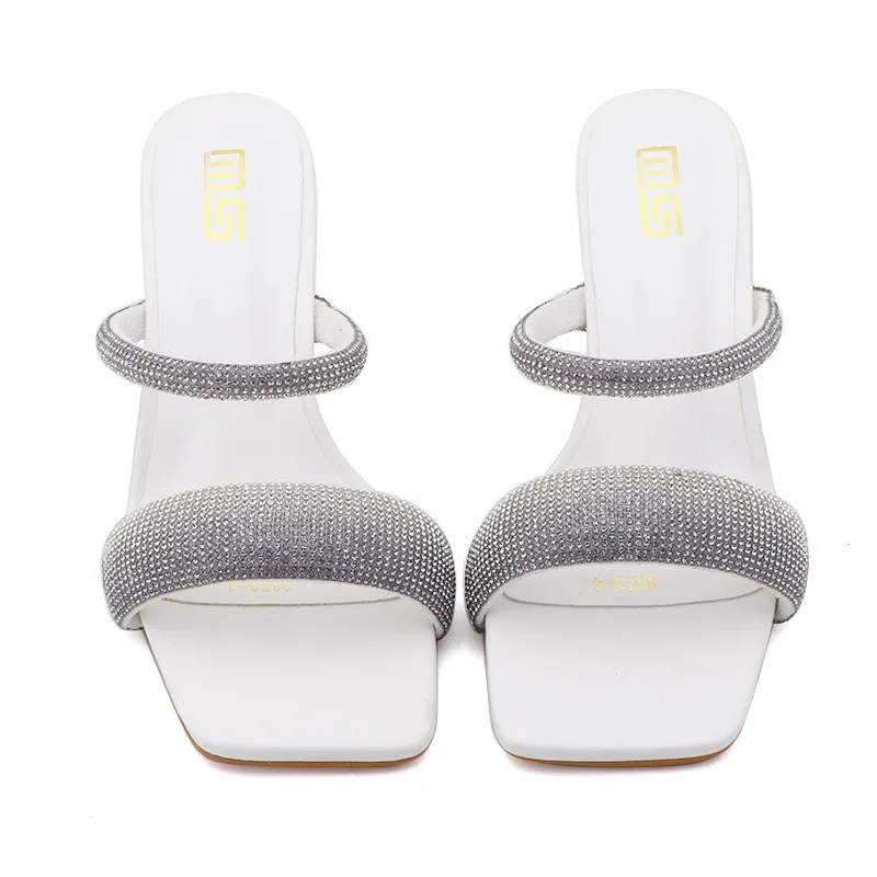 Big Size Female Shoes Glitter Slides Transparent Slippers Low Square Toe Women Heels 2025 Jelly High Soft Fabric PU Rome Sexy Ba