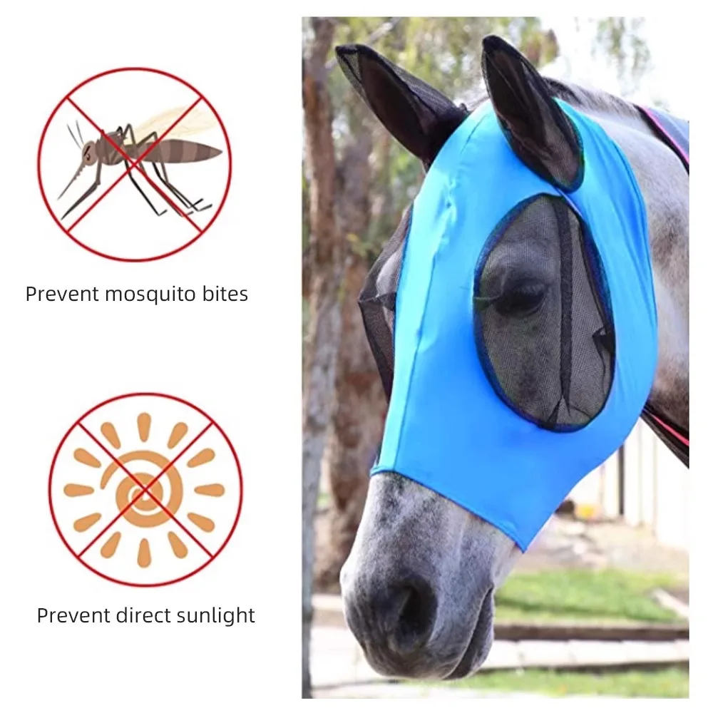 Summer Breathable Horse Mask Prevent Mosquito Fly Sun Protection Horse Hood Wind Sand Protection Face Cover Horse Head Cover