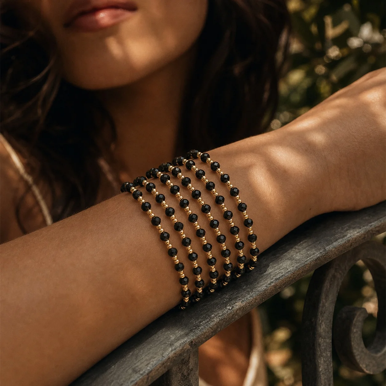 6pcs Black Glass Beaded Strand Bracelet with Gold Tone Copper Round Beads Trendy Layered Stack Style for Women Gift for Her
