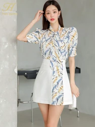 H Han Queen New 2024 Summer Party 2 Piece Sets Women Print Shirt + Pleated A-Line Short Skirts Korean Skirt Set Female Clothing