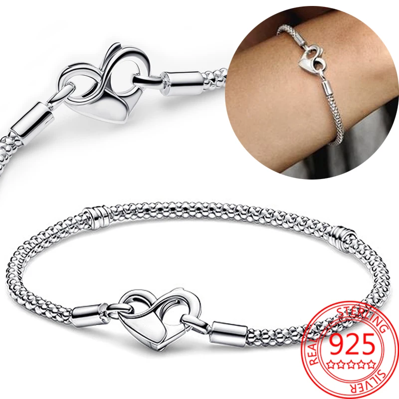 Silver 925 Infinity-detailed Openable Heart-shaped Clasp Brand Moments Studded Chain Bracelet Fit Original Charm Women Jewelry