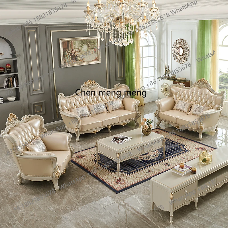 

European leather sofa 123 combination solid wood carving flower living room large apartment French luxury premium gray