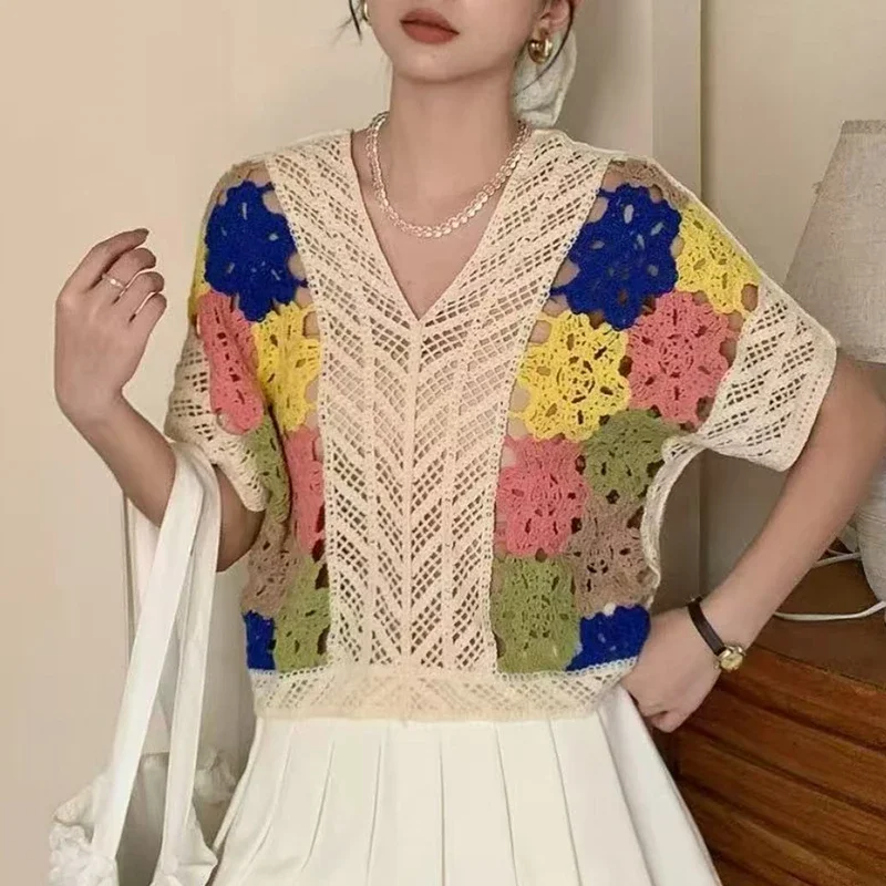 

Crochet Top V-neck Short Sleeve Openwork Textured Hollow-out Knit Blouse Shirt Women Summer Beach Vacation Outfit