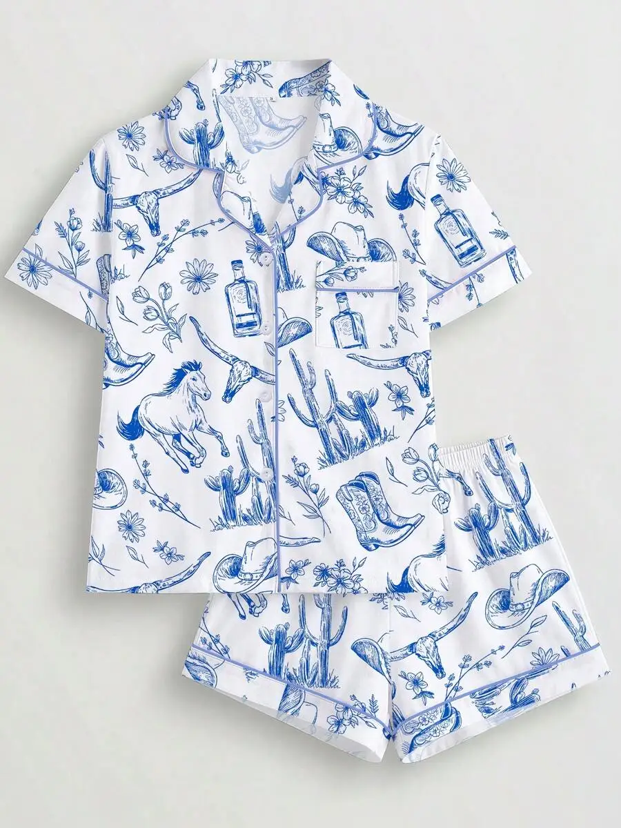 Womens Western Print Sleepwear Set Short Sleeve Button Up Top And Elastic Waist Shorts