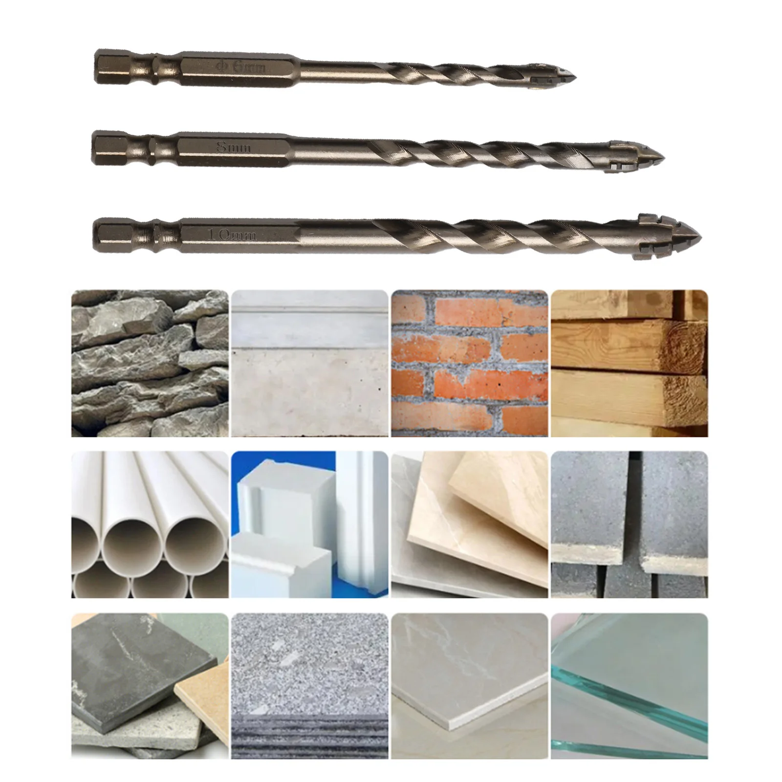 3pcs Four-Flute Eccentric Drill Drilling Glass Tile Punching Triangle Drill Bit 6mm 8mm 10mm  Punching Diameter Drill Bit