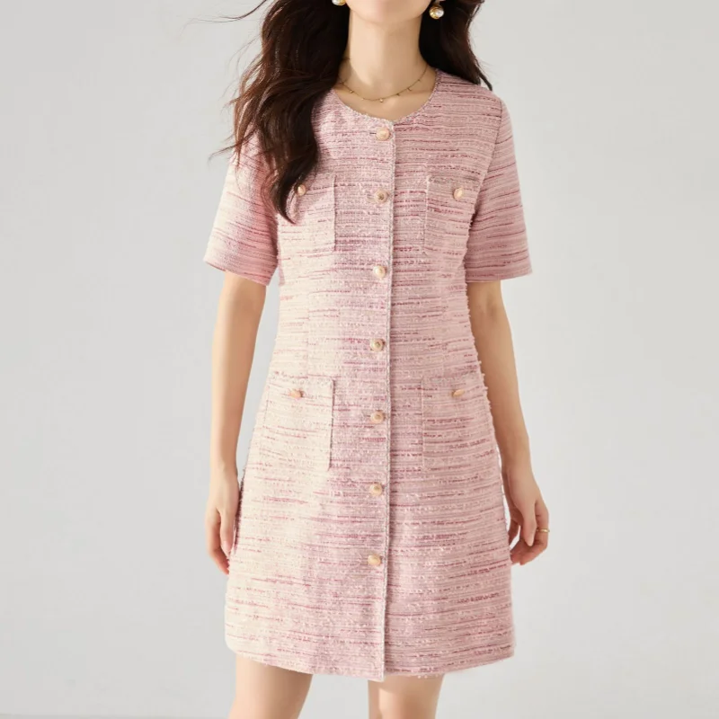 

Pink Small Fragrant Short Sleeve Dress Women Summer O Neck Loose Casual Single-breasted Korea Chic One-piece French Tweed Dress