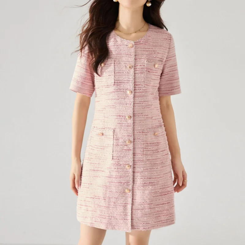 Pink Small Fragrant Short Sleeve Dress Women Summer O Neck Loose Casual Single-breasted Korea Chic One-piece French Tweed Dress