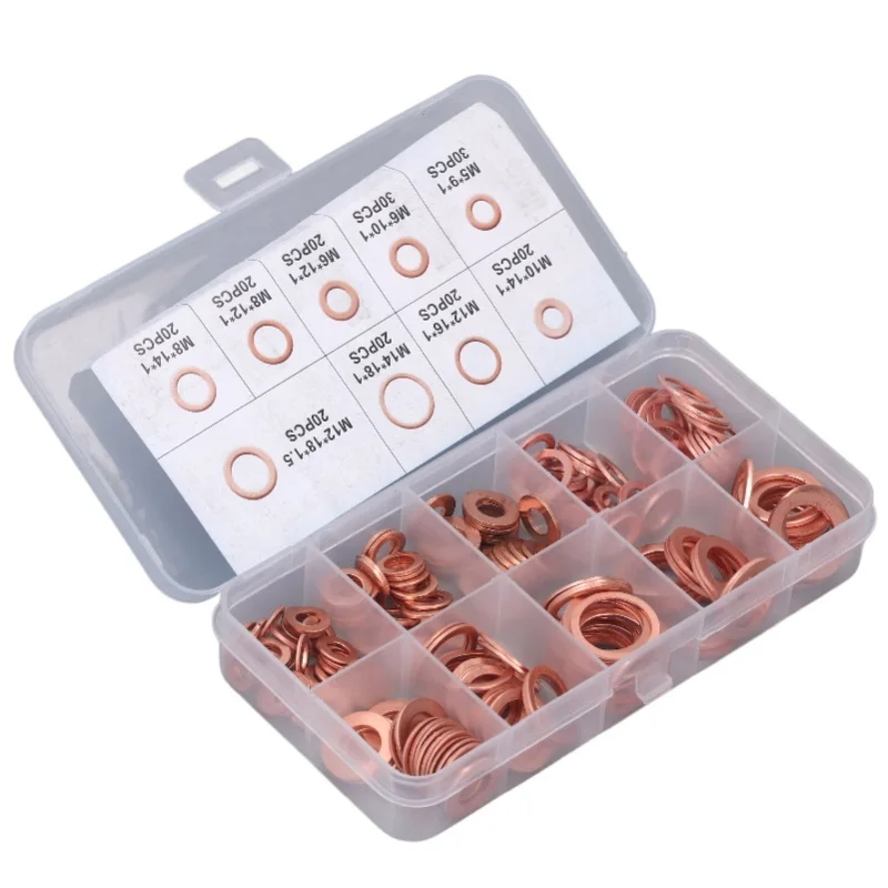 200Pcs Oil Drain Plug Gasket Red Copper Heating Processing 9 Types Oil Sealing Drain Plug Washer M5-14