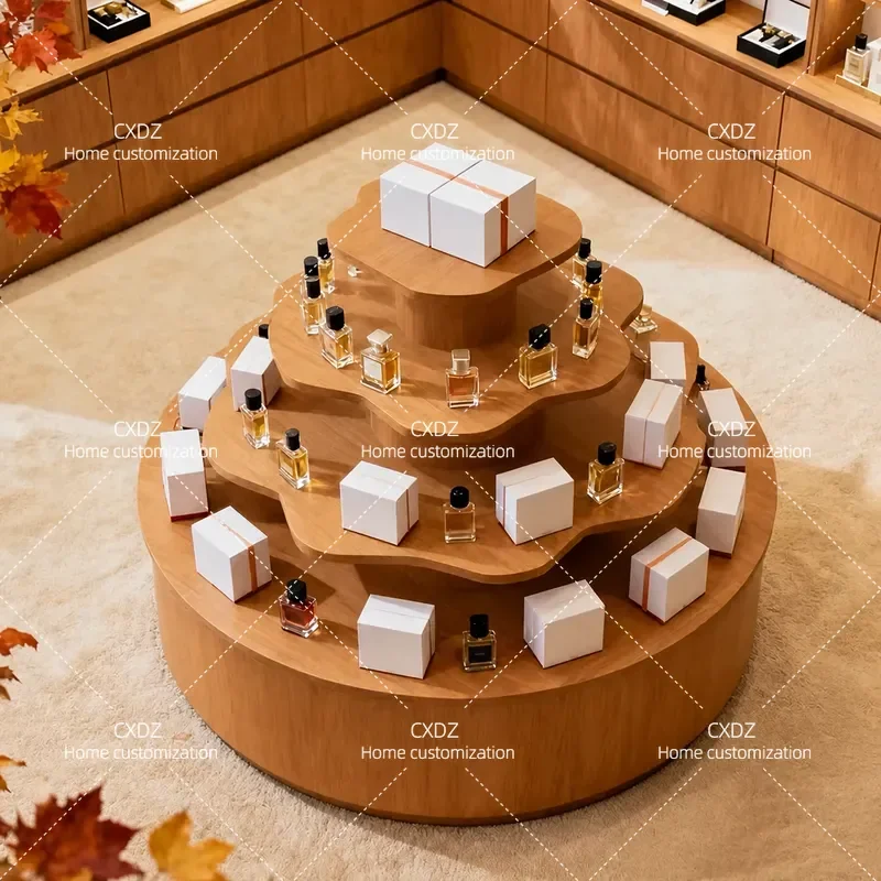 Customized solid wood round mid-island display stand cylindrical display case jewelry store commercial product display case