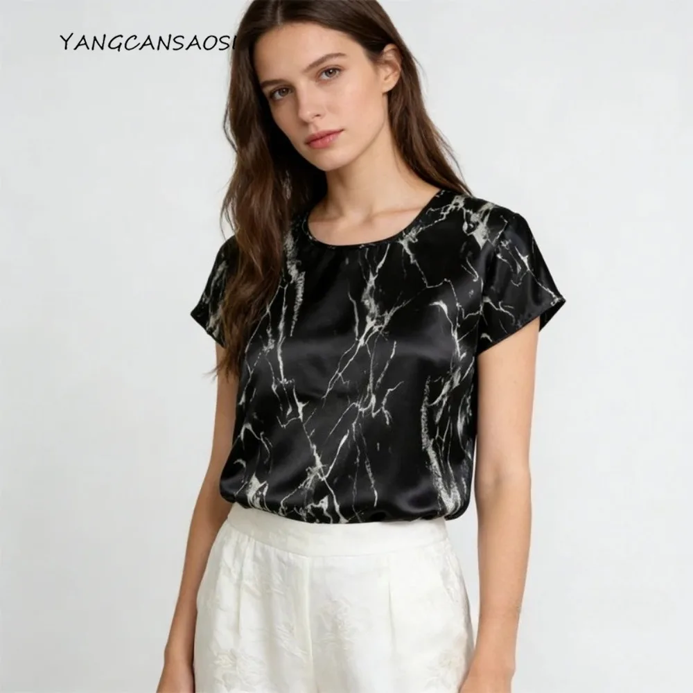 

100% натуральный шелковый топ из тутового шелка, однотонный сатин, женская повседневная футболка с круглым вырезом и коротким рукавом, с принтом, новинка лета 2026