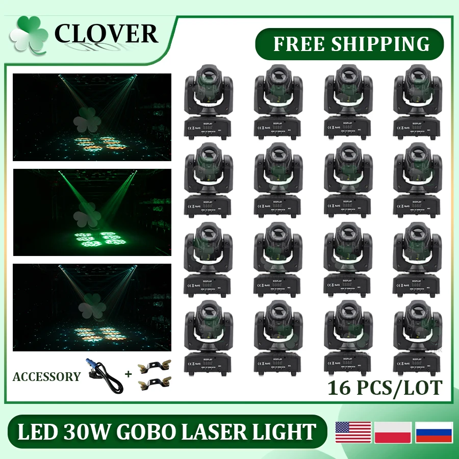 

No Tax 16Pcs 30W LED Laser Light Spot Moving Head Light For DJ Disco Club Events Party DMX Lamp 8 Gobos Colors Christmas Lights