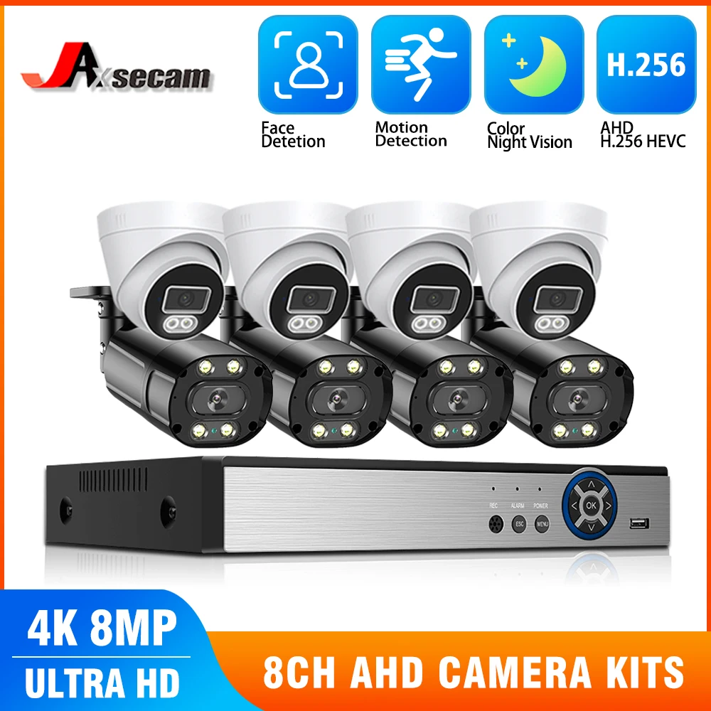 AHD CCTV Camera Security System Kit, 8CH, 4K, DVR, NVR Set, Face Detection, Cor, Visão Noturna, Video Surveillance System