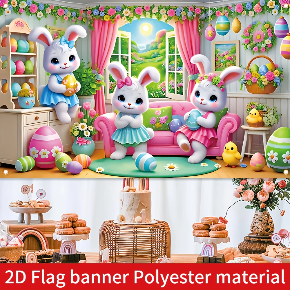 

2D Flat, 1pc Colorful Large Rabbit Easter Tapestry - Pastel Pink & Green Bunny, Easter Eggs, Floral Wall Decoration, Easter