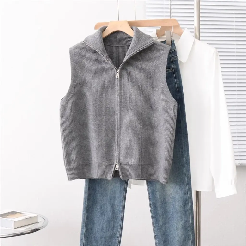 

Women's Retro Stand-Up Collar Waist Outwear Knitted Vest Loose Zipper Sweater Cardigan for Autumn Winter Fashion Design