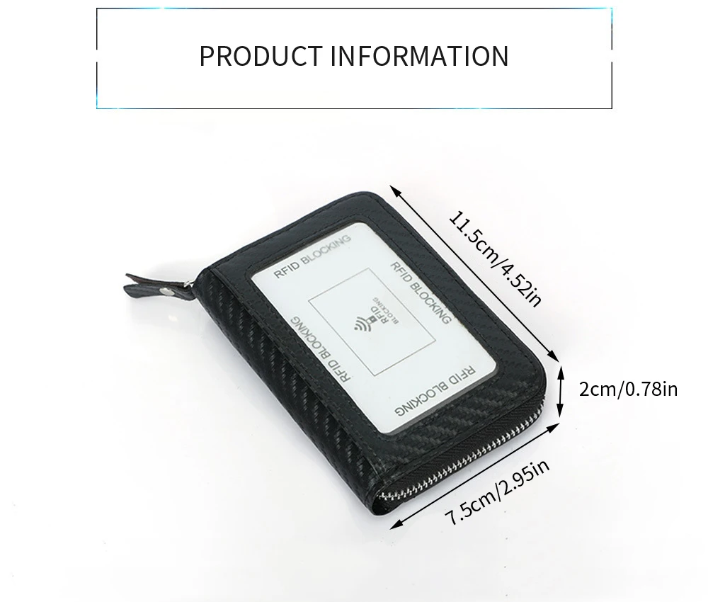 Minimalistisches RFID-blockierendes Kartenetui mit modischem Kohlefaser-Muster, Reißverschluss-Münzbörse, Business-Kartenhalter für Herren, mit Ausweisfenster – Detail 1