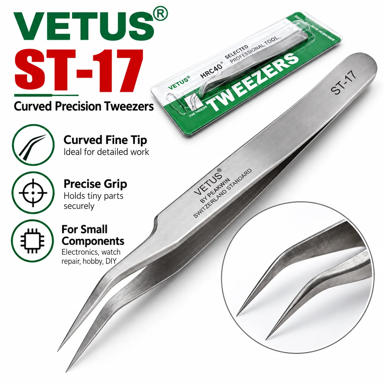 VETUS ST-17 Präzisionspinzette aus Edelstahl mit gebogener Spitze für die Reparatur von Leiterplatten, SMD-Bauteilen und Elektronik – Detail 5