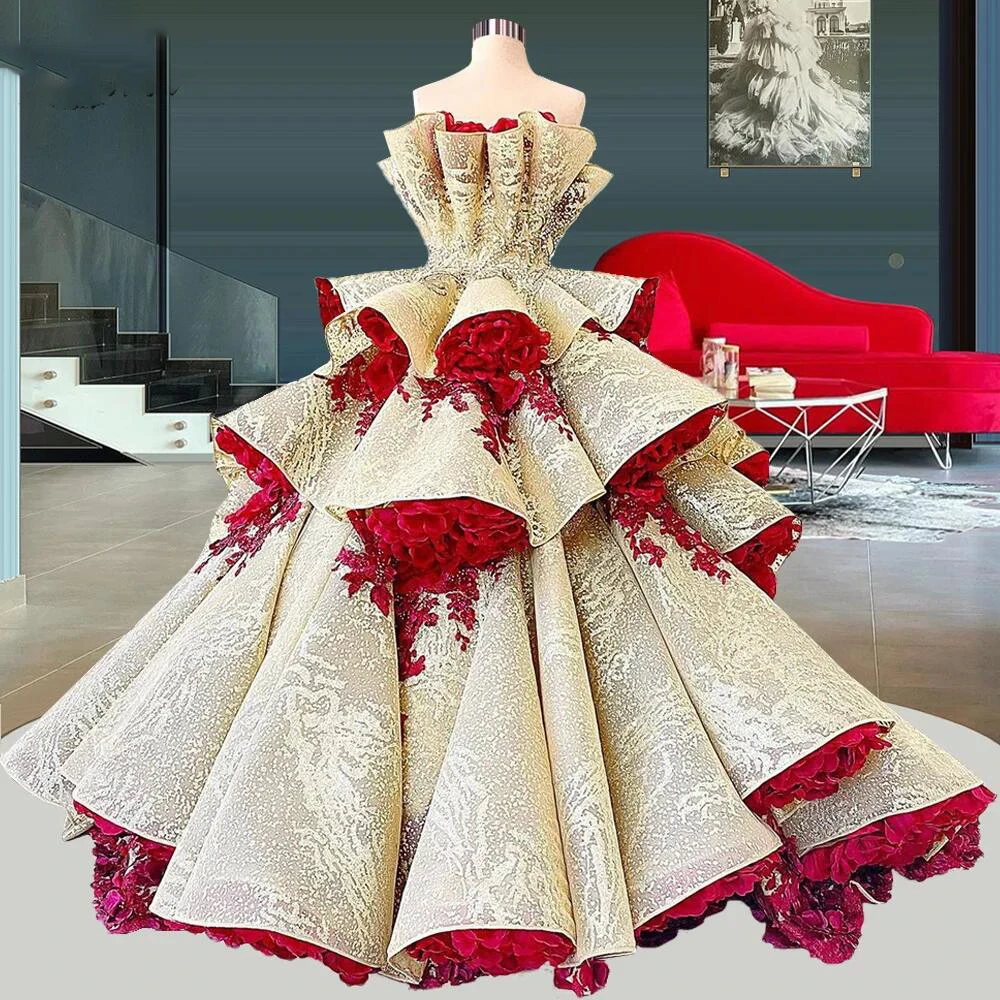 

Gorgeous Elegant Lush Ruffles Tiered Evening Dresses Applique Flowers A Line Long Vintage Pageant Gowns فساتين للحفلات الراقصة