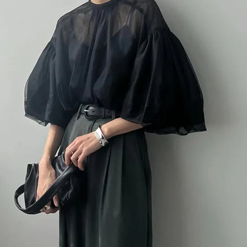 여성용 레트로 트렌디 오간자 투피스 세트, 루즈 랜턴 슬리브 셔츠 및 작은 서스펜더 탑 