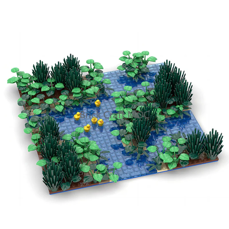 Set de Bloques de Construcción MOC Escena de Estanque Acuático - Diorama Acuático en Miniatura con Plantas y Patos