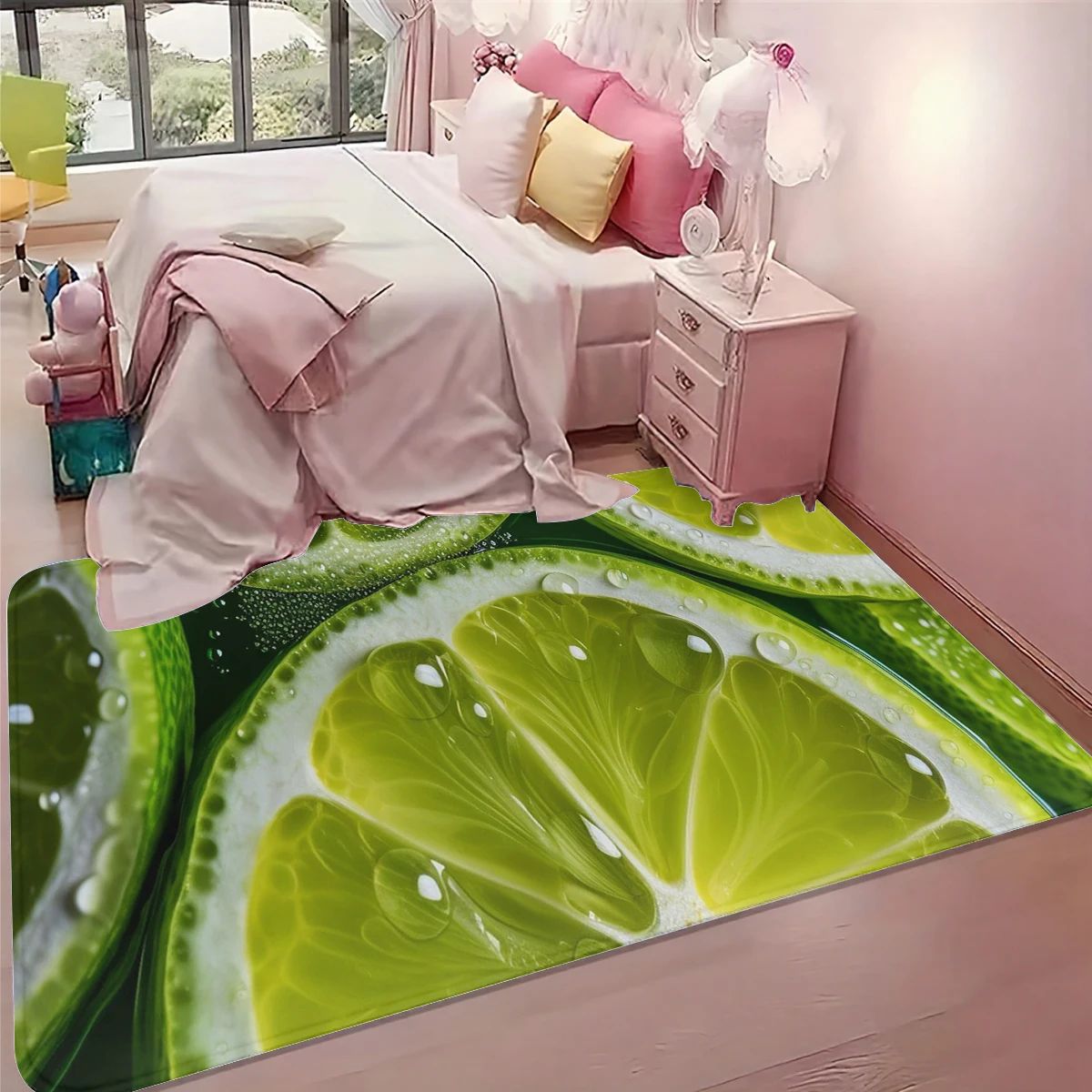 1Pc Summer Fresh Lime Fruit Floor Mat 3D Realistic Lemon Slice Bedroom Bedside Non-Slip Wear-Resistant Carpet Foot Mat