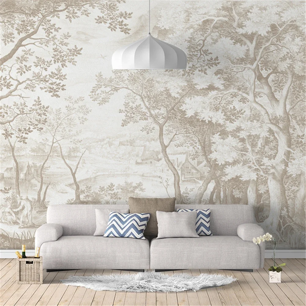 Customized Size Mural European Forest Landscape Stickers Home Decor Retro Jungle Forest Wall Stickers Decoration 3d wallpaper