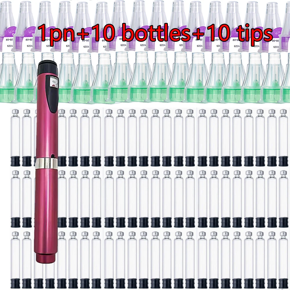

1x red Magic Pen+10x bottles +10x tips with 3ml Empty Cassette Cartridge Sterile Tattoo Insulin Injection Pen For Lilly Insulin