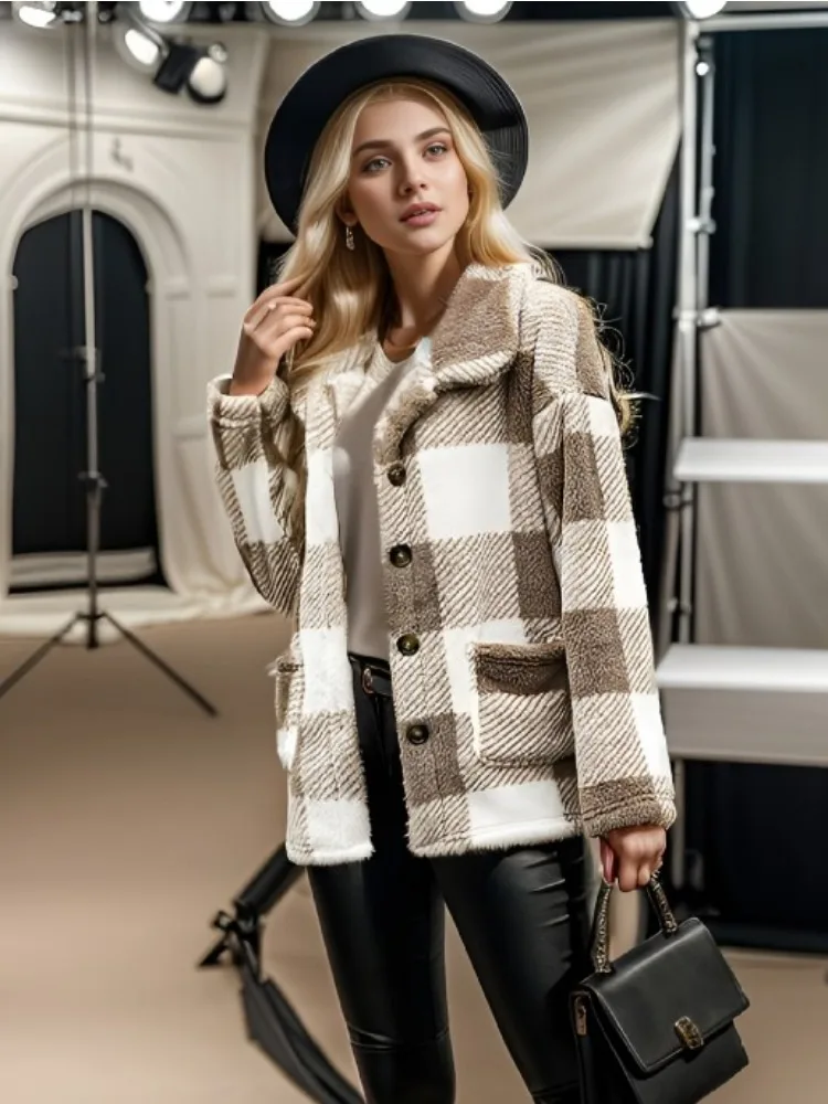 Warm Plush Jacket Patchwork Colors Retro Casual Checkered Topcoat Buttons Button Pockets Loose Fashionable Versatile Jacket