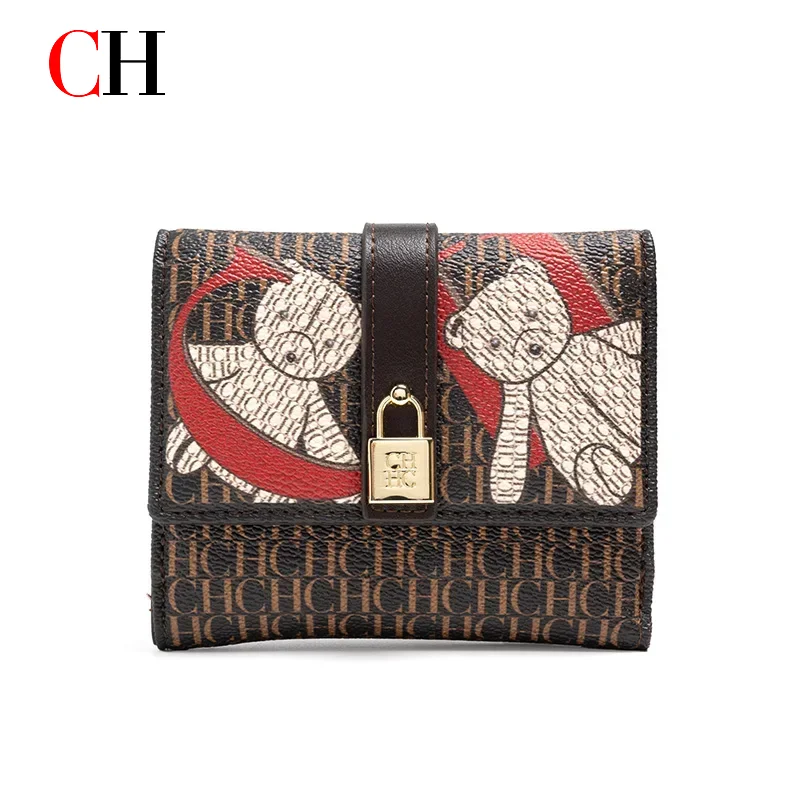 CH femmes classique imprimé carré portefeuille mode en relief fermoir pression pliable portefeuille Compact léger et luxueux CA10