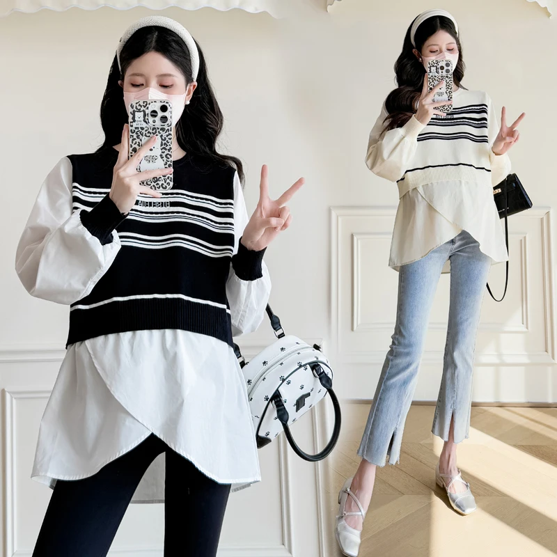 25SS Spring Korean Fashion Cute Maternity Shirts Striped Ruffle Patchwork Knitted Blouses Tops for Pregnant Women Y2K Prergnancy