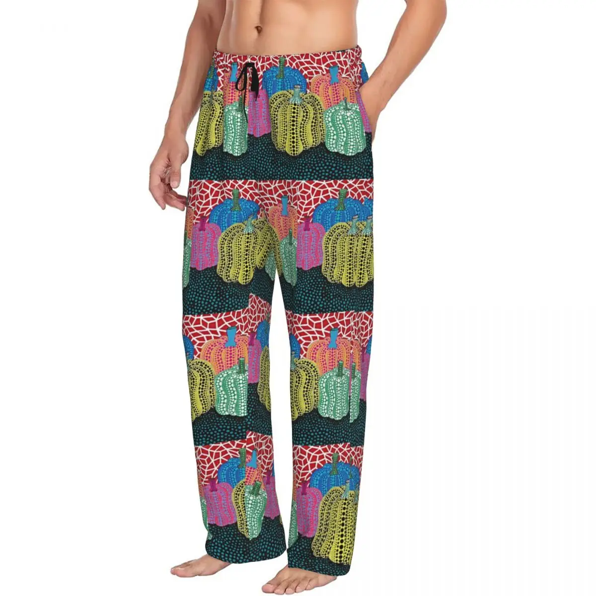 Custom Three Polkadot Pumpkin Art Pajama Pants Men's Yayoi Kusama Lounge Sleep Stretch Sleepwear Bottoms with Pockets