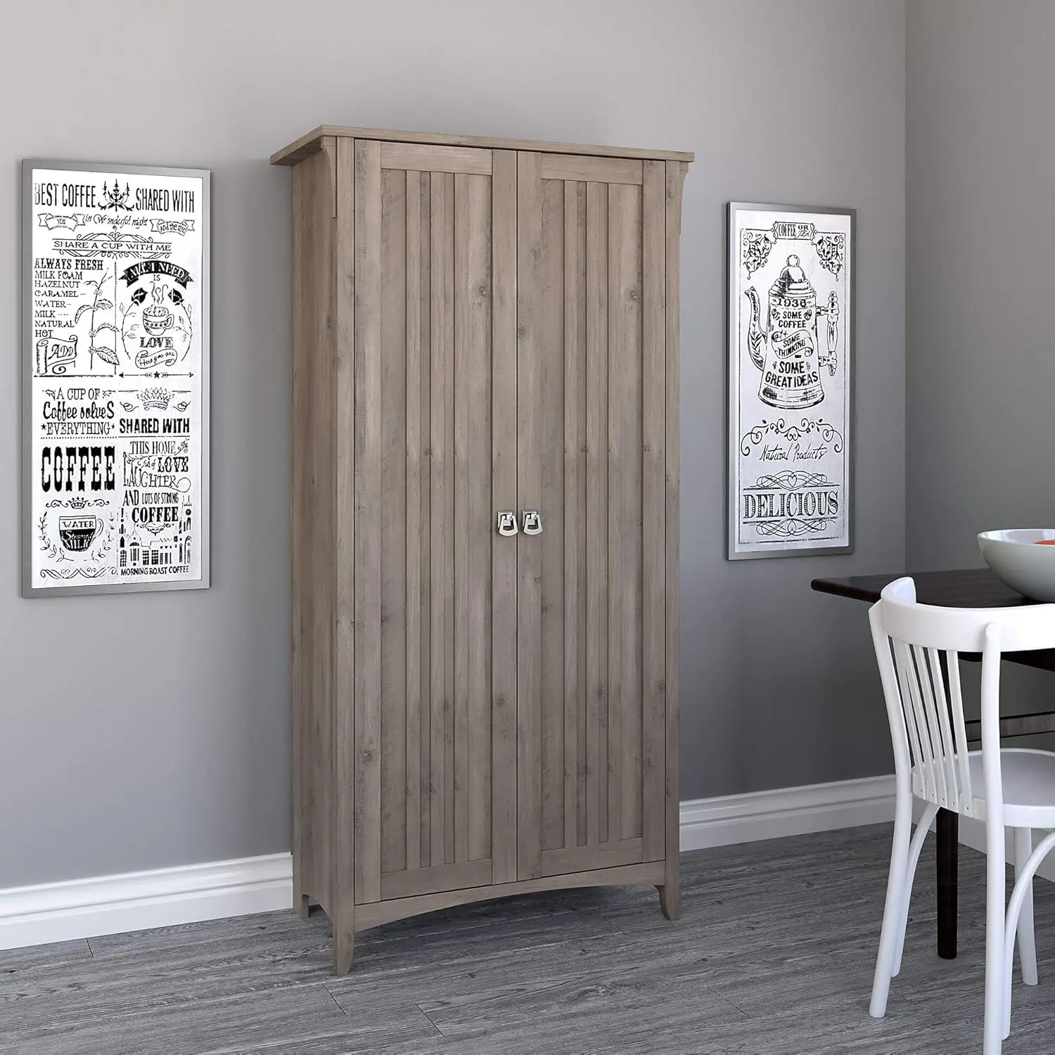 Salinas Kitchen Pantry Cabinet with Doors in Driftwood Gray, Home Storage for Food, Dinnerware, and Cooking Accessories