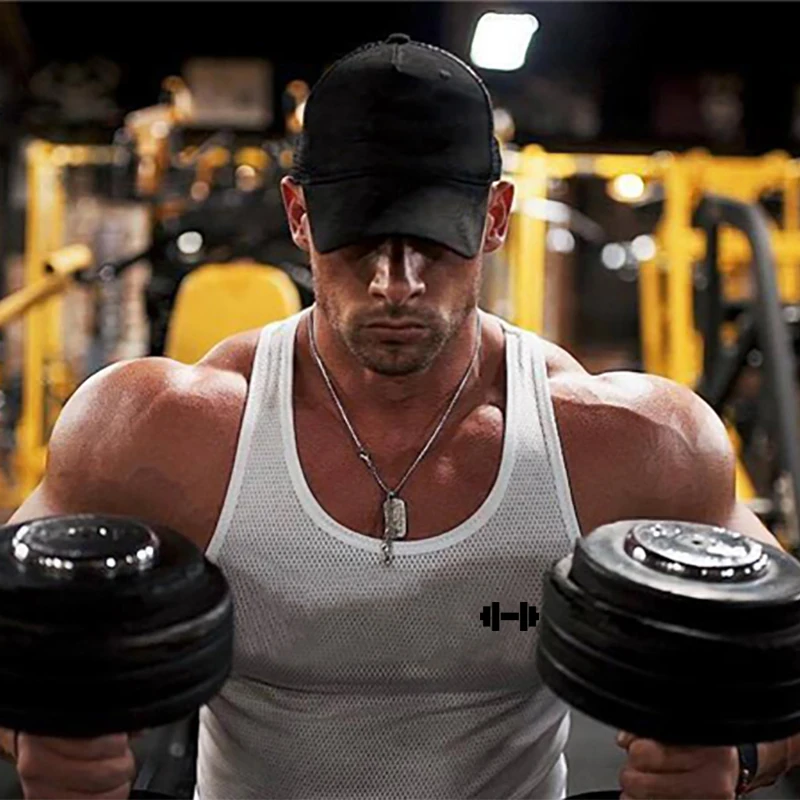 Dumbbel Printed Mens Running Vests Mesh Quick Dry Breathable Gym Tank Tops Summer Bodybuilding Fitness Shirt Muscle Clothing