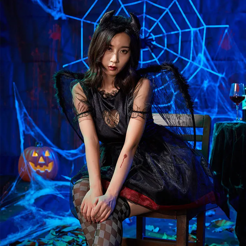 أزياء الهالوين الساقطة بلا الملاك التأثيرية مع تنورة أجنحة أورتي تنورة الملاك البيضاء الشيطانية أزياء نسائية تقليدية