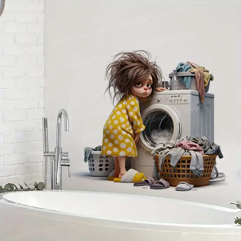 Whimsical Cartoon Girl Laundry Vinyl Stickers Self-Adhesive Wall Bathroom Decor Home Decorative Stickers AA232