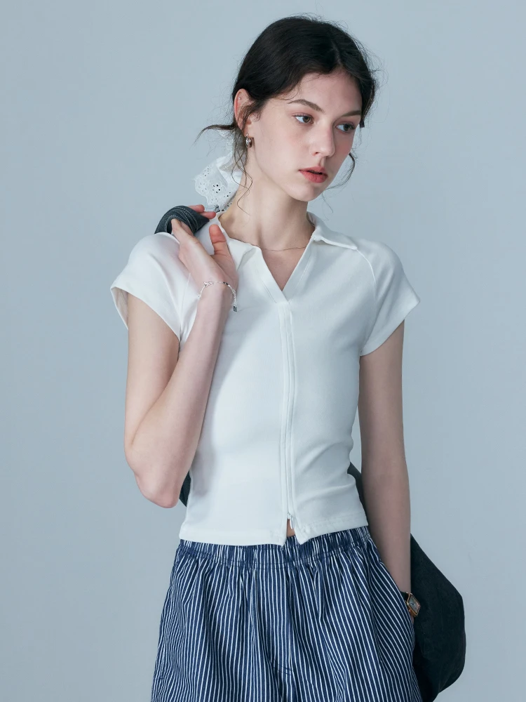 

EGGKA женская облегающая футболка ort Sve irt с воротником на молнии, летняя дизайнерская простая универсальная хлопковая футболка