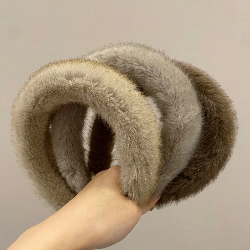 New Retro Maillard Imitated Mink Plush Fur Sponge Autumn and Winter Skull Top Headband High Sense Hairpin with Broad E