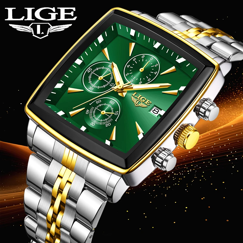 

LIGE Top Brand Luxury Men's Watches Fashion Military Square Chronograph Quartz Wristwatches For Men Sports Waterproof Watch Male