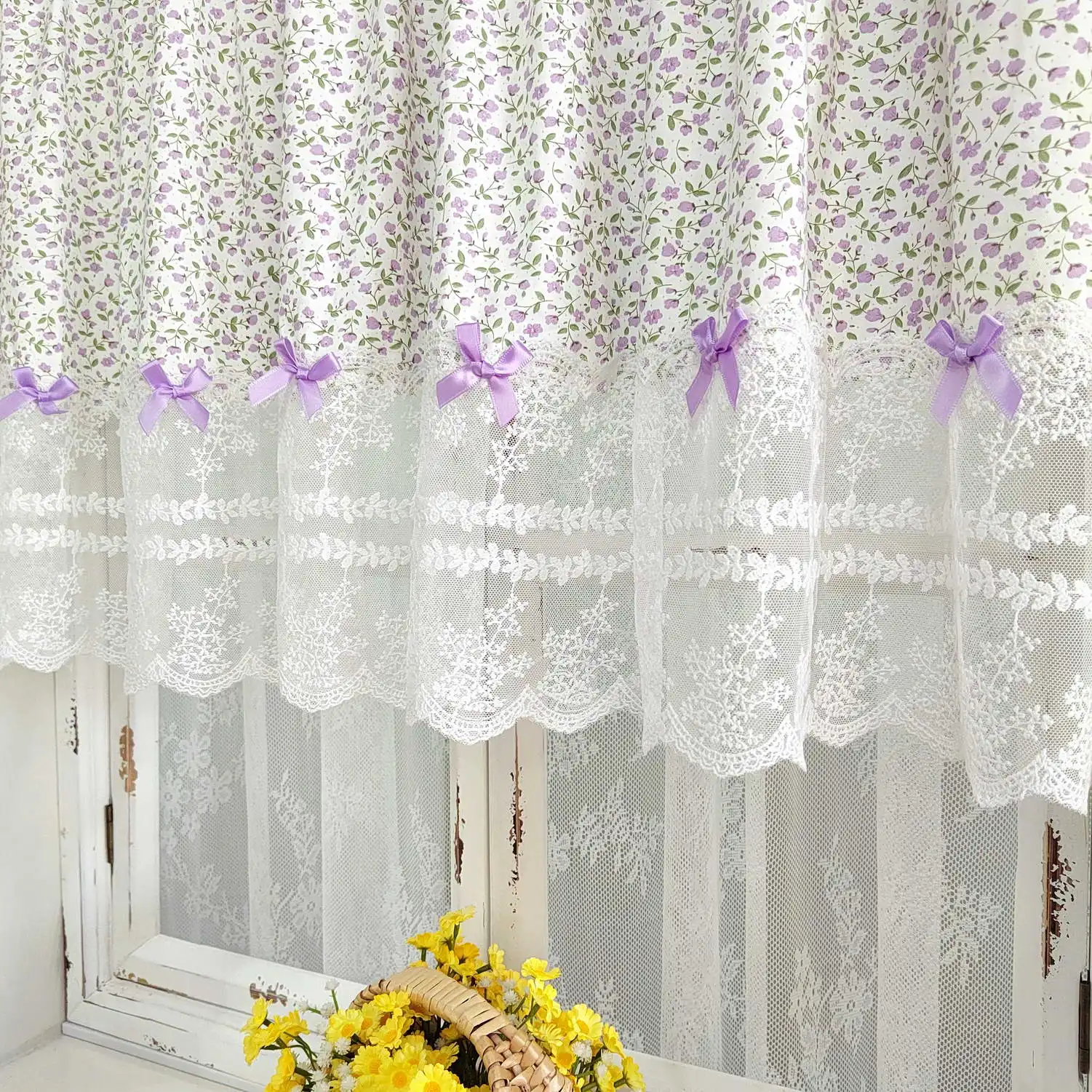 Countryside Small Floral Curtains with White Lace Sewn At The Hem Luxury Short Curtain for Windows Door Living Room Home Decor