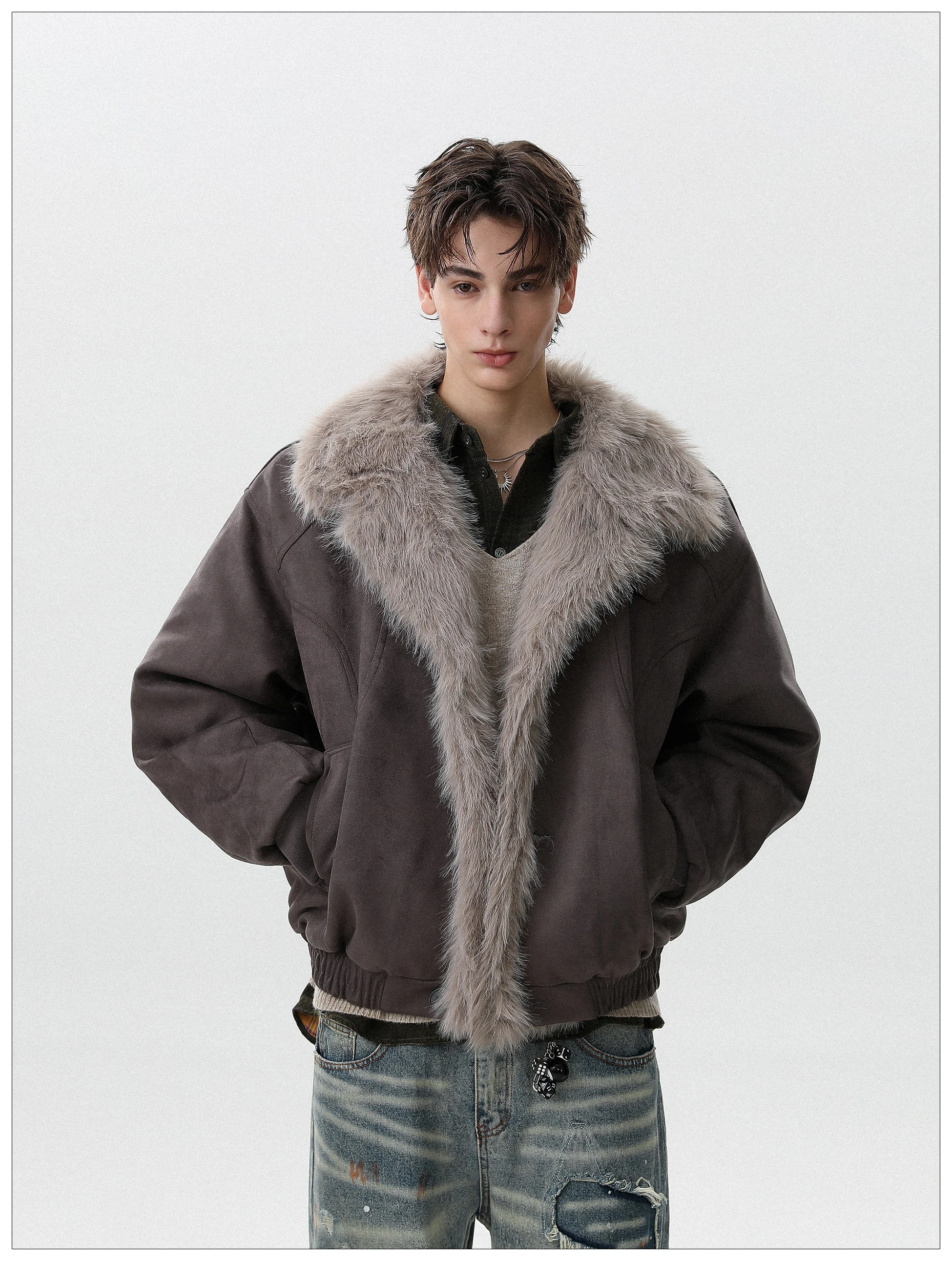Men's 2025 Autumn New American Style Retro Faux Fur Integrated Thickened Warm Parkas Lapel Trend Cotton Jackets Solid Color Tops