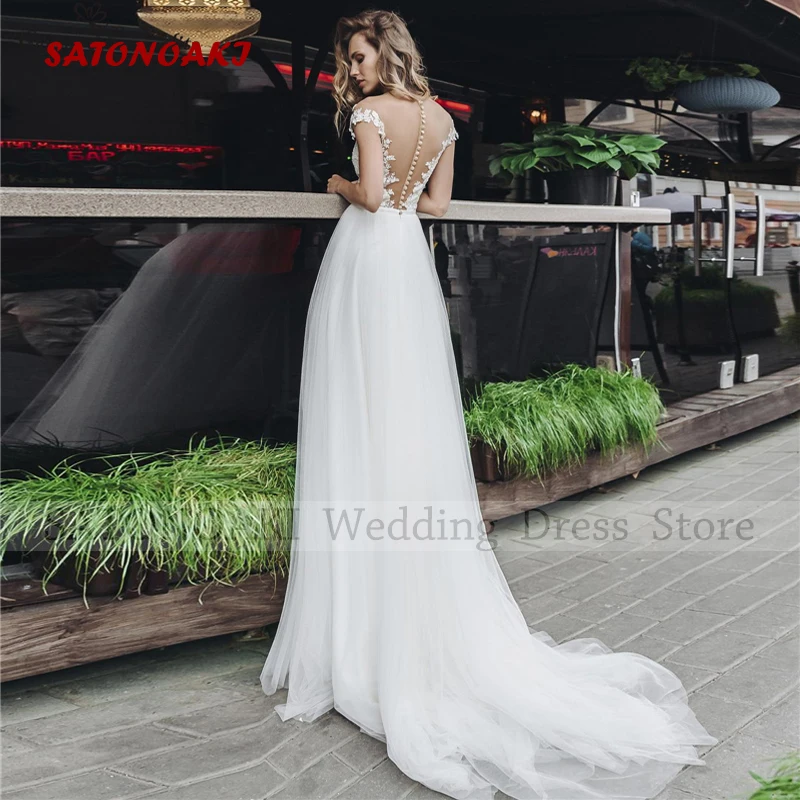 Elegant Boho O-Neck Lace Wedding Dress for Women A-Line Sweep Train Sexy Cap Sleeve Appliques Bride Gown Vestido De Novia Custom